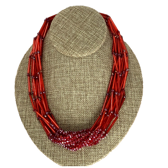 Estate Jewelry - Vintage Multi Strand Necklace Bollywood Style AB & Red Tube Bead Gold Tone Clasp